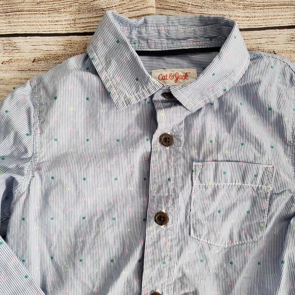 CAT & JACK blue striped boys button down polka dot long sleeve top - Picture 3 of 6